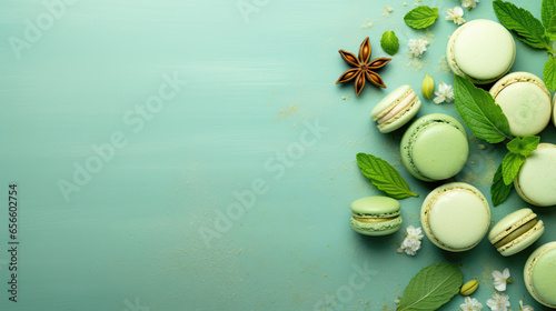 Pistachio macaroons with mint petals on a colored background, flat lay, copy space, horizontal orientation
