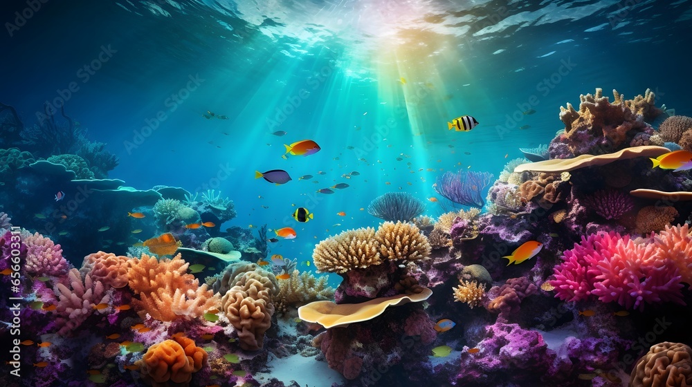 Underwater view of the coral reef and tropical fish. Panorama