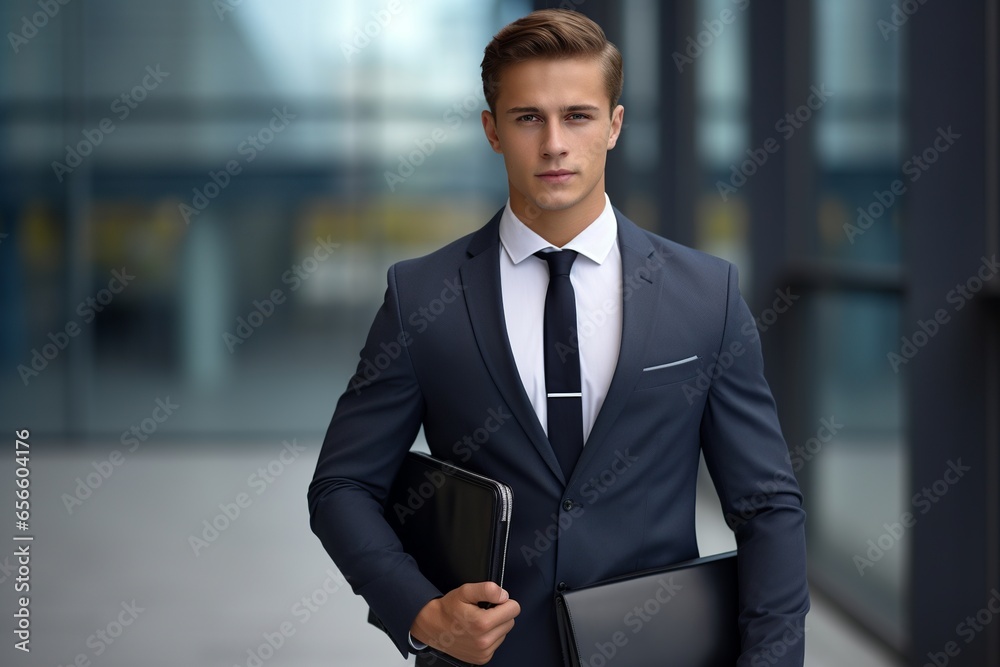 A confident young man, impeccably dressed in a sleek suit, tie, and polished shoes, checks his wristwatch, embodying the spirit of punctuality and readiness for a business meeting. A confident young man, impeccably dressed in a sleek suit, tie, and polished shoes, checks his wristwatch, embodying the spirit of punctuality and readiness for a business meeting.