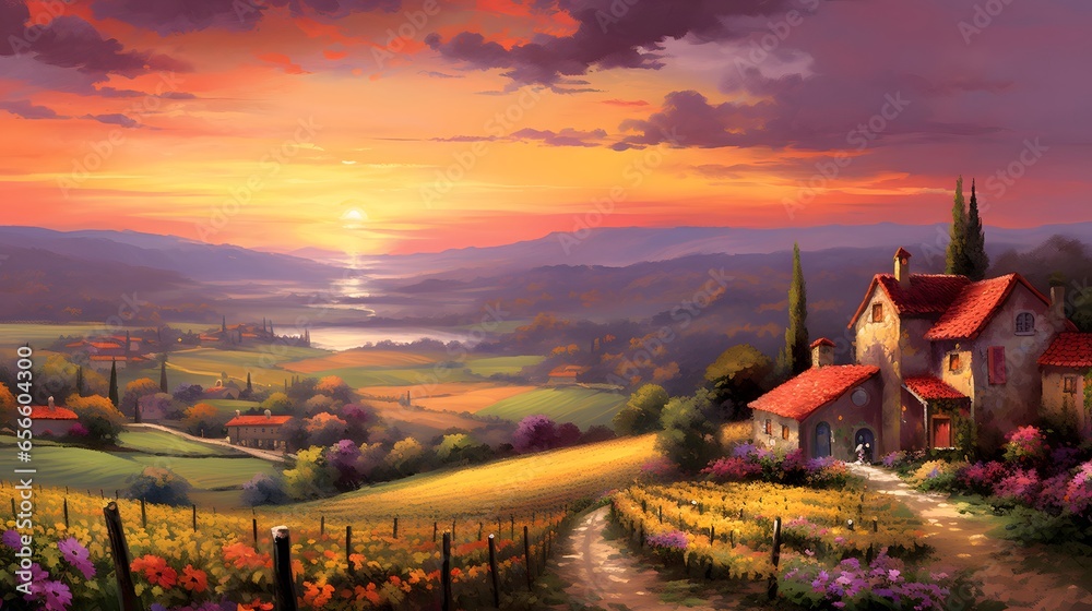 Panoramic view of Tuscany, Italy, at sunset