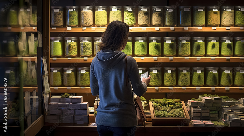 A woman is inspecting various containers of dried leafy vegetables and greens in a shop.