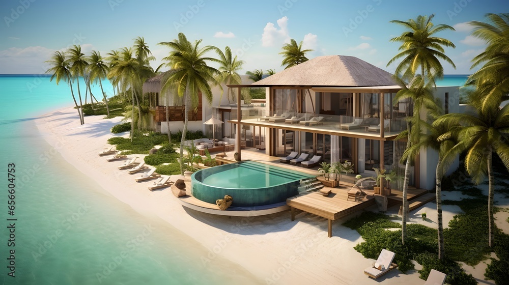 3D render of a luxury villa with swimming pool and tropical beach