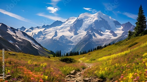 Panoramic view of snow-capped alpine peaks in summer