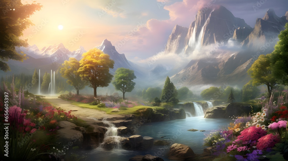 Panorama of a beautiful spring landscape with a waterfall in the foreground