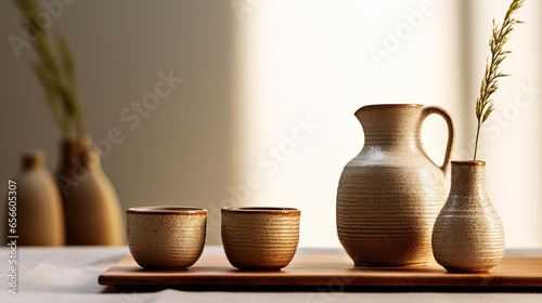 A rustic and earthy tea set UHD wallpaper Stock Photographic Image