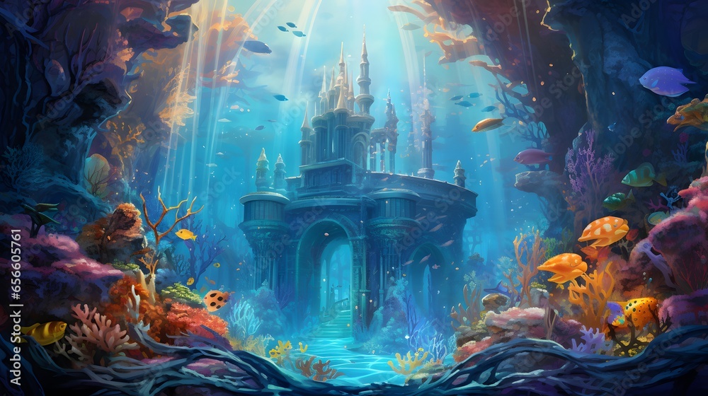 Digital painting of a fantasy underwater world with a fountain and a castle