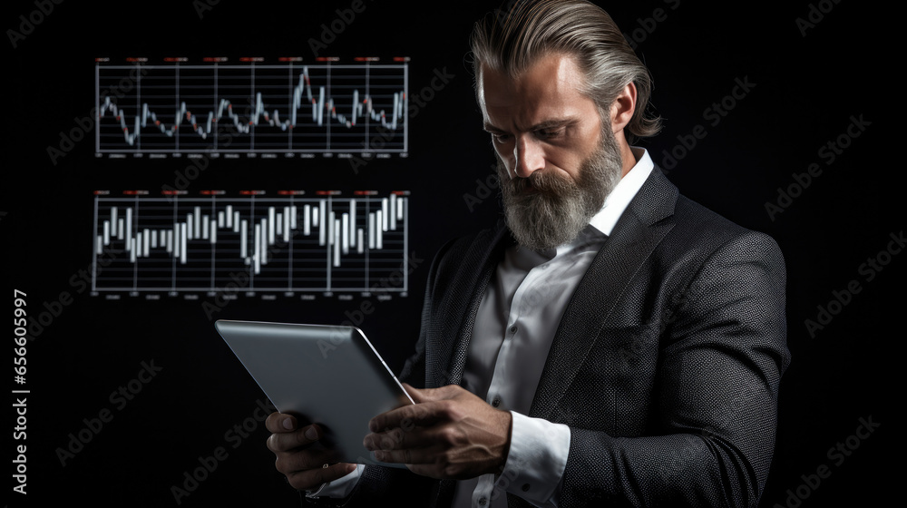 Seriöser Geschäftsmann bei der Analyse von Finanztabellen, Serious Businessman Analyzing Financial Charts Seriöser Geschäftsmann bei der Analyse von Finanztabellen, Serious Businessman Analyzing Financial Charts