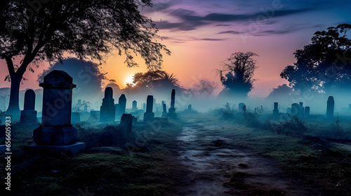 Dawn’s Solemn Whisper: A Tranquil Cemetery Enveloped in Morning Mist, Sculpted with Generative Ai
