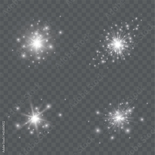 Glow light effect. Starburst with sparkles on transparent background. Vector illustration. Sun