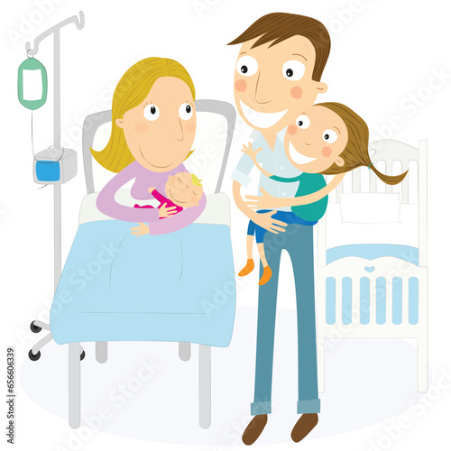 Mother and father with their newborn baby in the maternity ward. Vector Illustration.