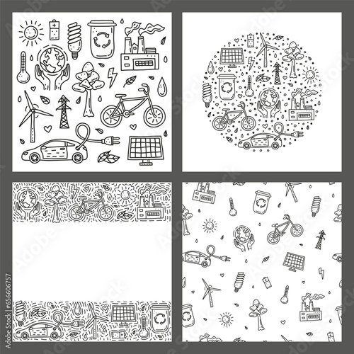 Set of cards with doodle ecology icons.