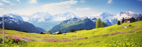Idyllic mountain landscape in the Alps with blooming meadows in springtime © Sasint