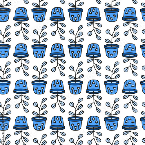 Seamless pattern with leafy plants in pots.