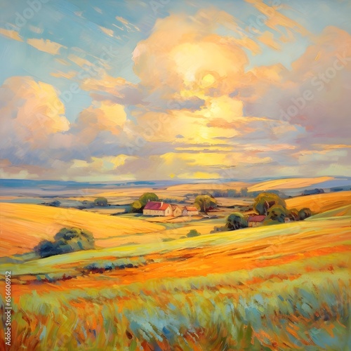 A painting of a sunset over a rural landscape with a small village