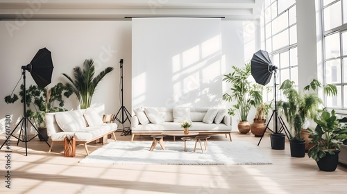 Panoramic shot of modern living room with white sofa and plants