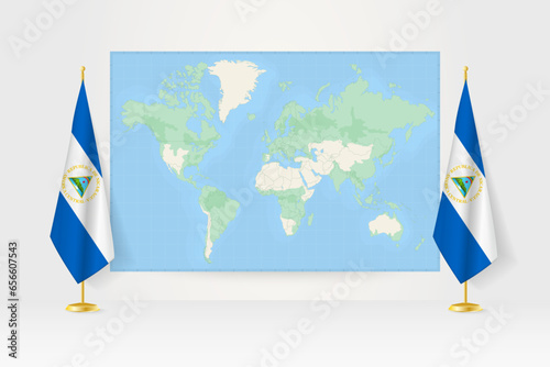World Map between two hanging flags of Nicaragua flag stand.