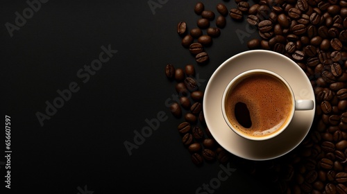 cup of coffee with beans on dark background