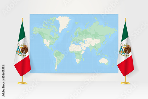 World Map between two hanging flags of Mexico flag stand.