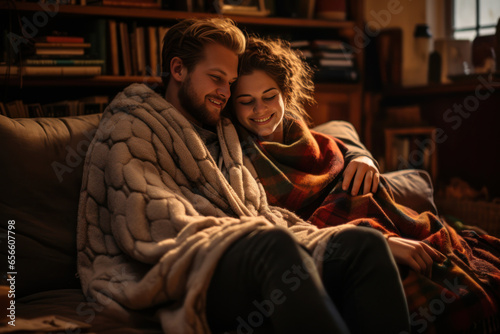 A couple cuddled up on the couch with blankets, books, or a movie, creating a warm and intimate autumn atmosphere. Generative AI