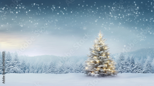 Winter fir tree christmas scene with sunlight. Fir branches covered with snow. Christmas winter blurred background with garland lights, holiday festive background.