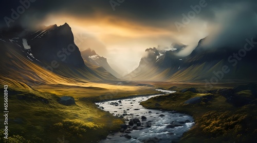 Panoramic view of Iceland landscape with mountain river and cloudy sky