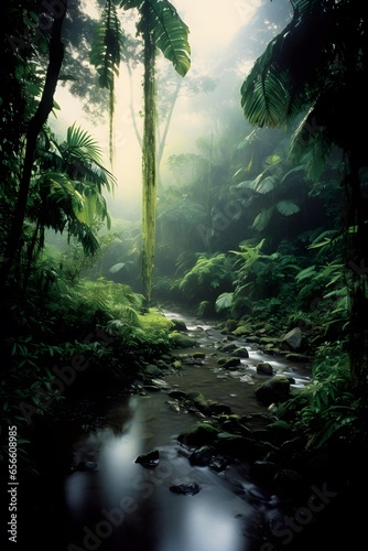 Foggy tropical rainforest with flowing river. Panoramic shot. © Iman