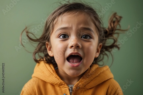 astonished little child, screaming and jaw-dropping expression, on a green background. photo
