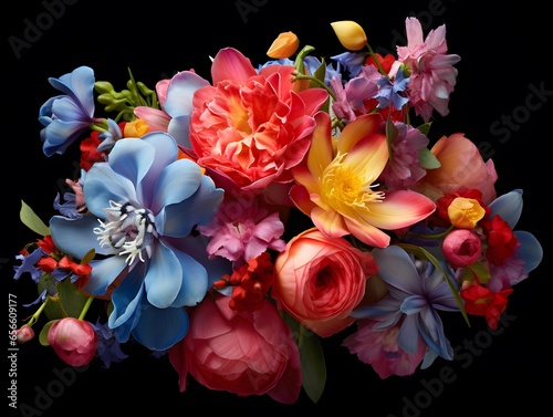 Bouquet of colorful flowers on a black background with reflection.