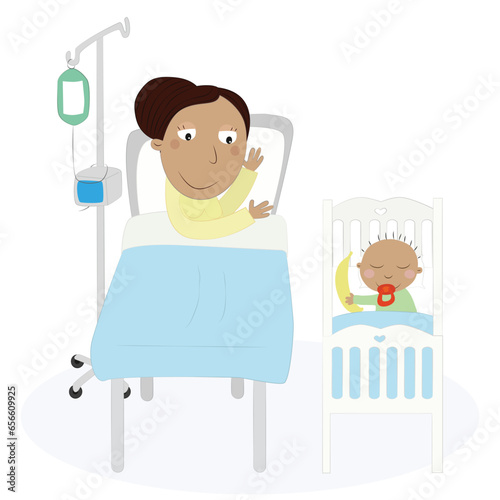 Happy mother and sleeping baby in maternity ward. Vector Illustration.
