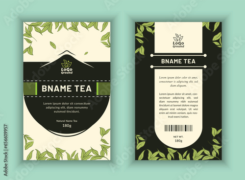 Tea label sticker design and natural food banner packaging, jar label harbel health all tea product print vector modern file. photo