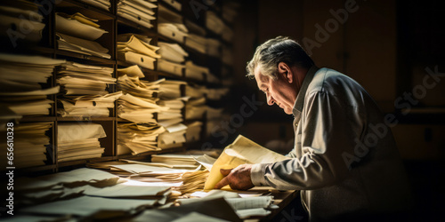 Mystifying close-up of an archivist meticulously handling an ancient document in dim light.