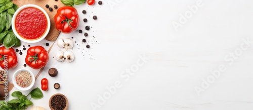 Homemade pizza ingredients on wooden background with copyspace for text