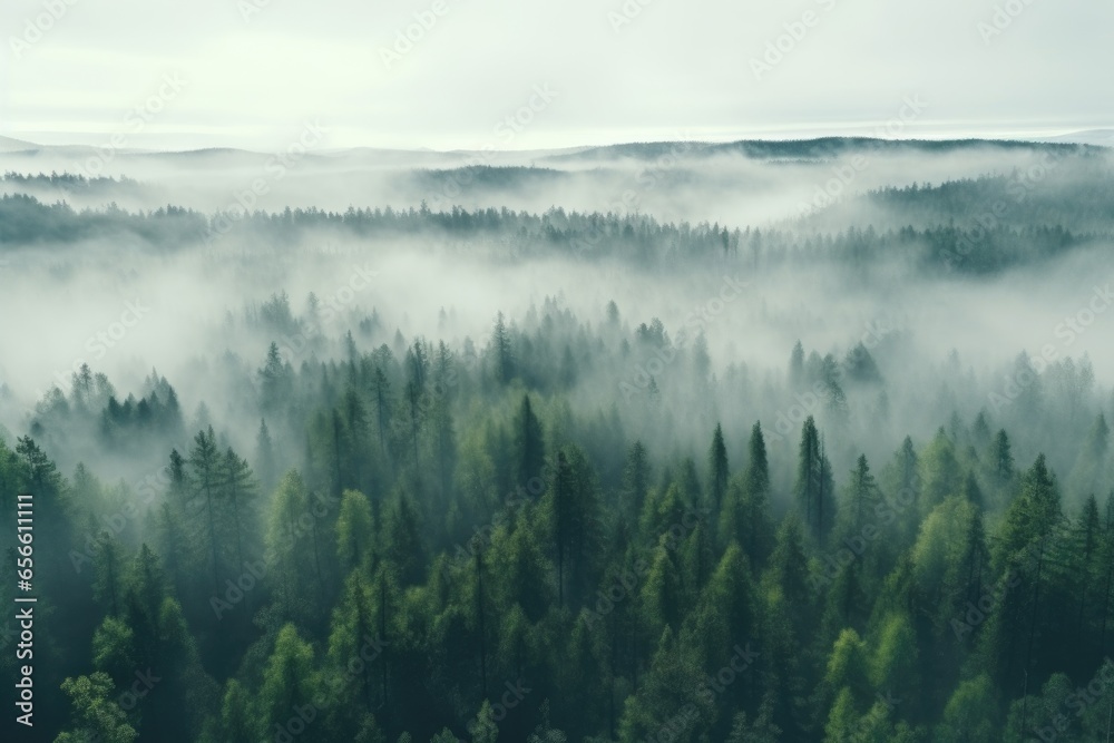 Fototapeta premium Pine Forest, Wide. Fog and mist in the Nature.
