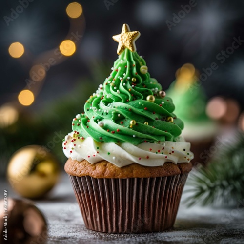  Christmas cupcakes with decoration on wooden background. Selective focus.