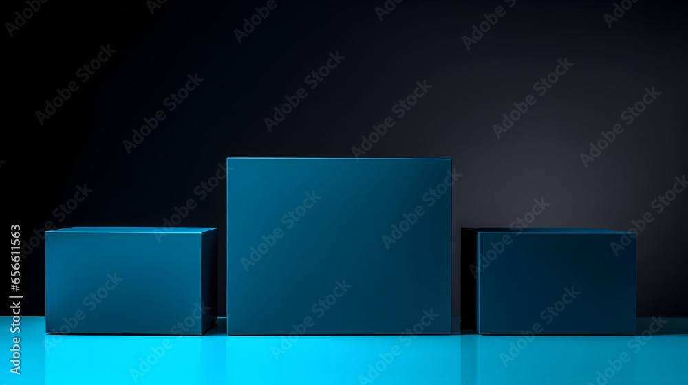 Minimalist three dark blue square podium on dark background. For product placement, product showcase, presentation, or advertising Minimalist three dark blue square podium on dark background. For product placement, product showcase, presentation, or advertising