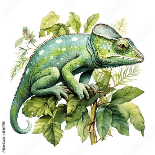 Watercolor of various types of chameleon in various colors.