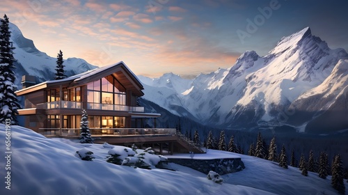 Panoramic view of modern chalet in Alps at sunset