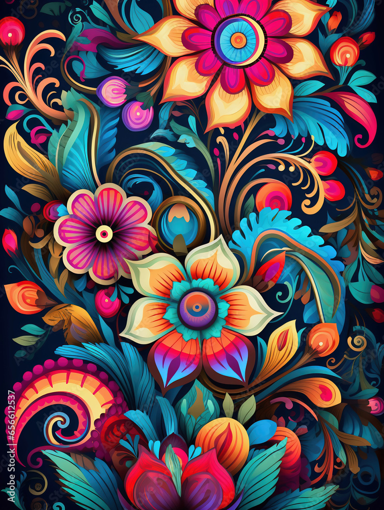 Colorful Neon boho flower floral wallpaper in front of a dark background, 2d vector art illustration