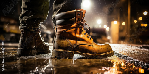 Construction worker's boots on wet ground with the construction site in the background illuminated at night. Сonstruction labor, safety, and work-related themes. photo