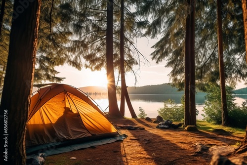 Camping and tent under the pine forest near the lake with beautiful sunlight in the morning photo