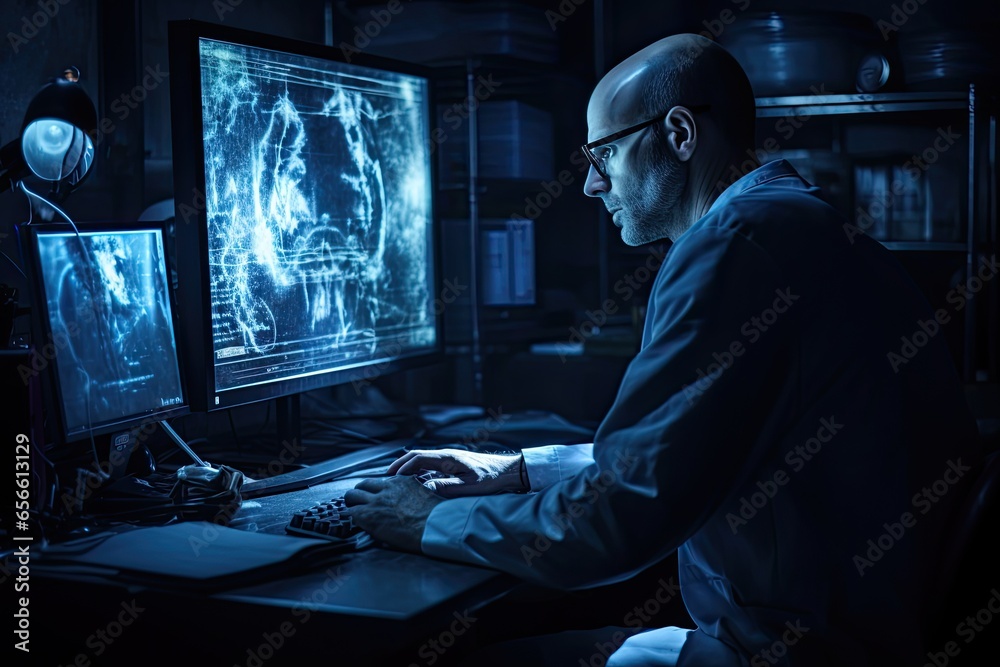 scientist at work in front of a computer. scientist at work in front of a computer.