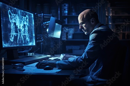scientist at work in front of a computer. 