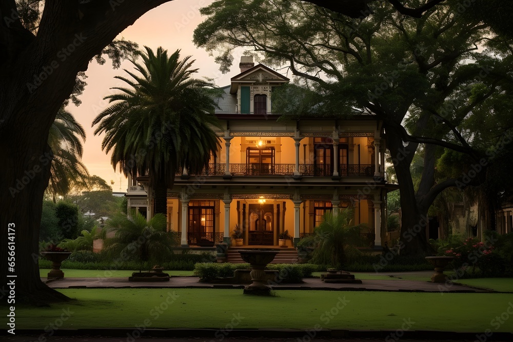 3D rendering of a classic colonial style house in the tropics