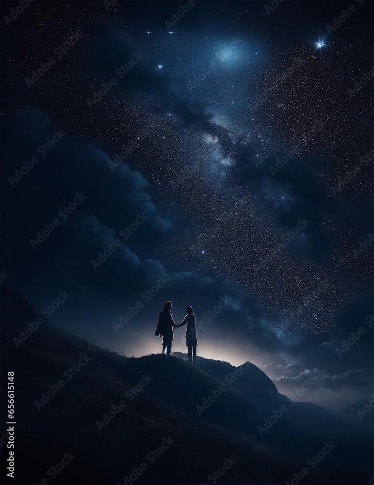 dark night on a big hill, a couple of lovers and shining stars in the sky illustration