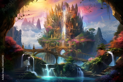 Digital painting of a beautiful waterfall in a tropical garden. Panorama