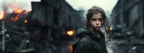 Child of war: candid portrait of a young girl amidst war destroyed city ruins photo