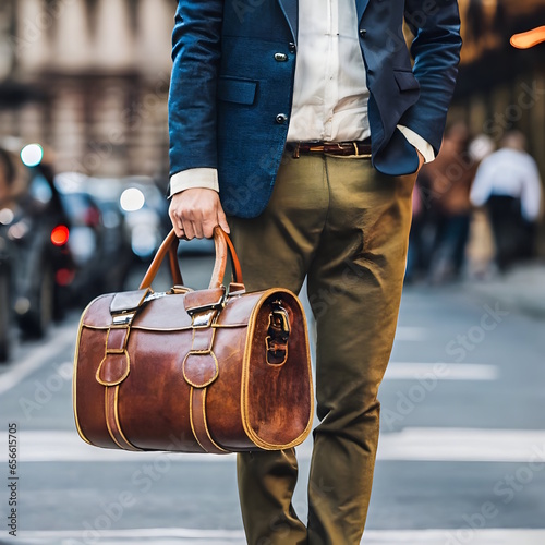 Man holding vintage traveling bag illustration art generative AI.