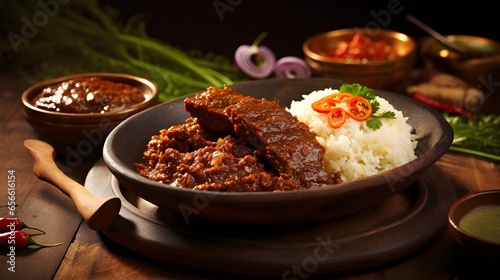 Rendang beef on brown clay plate with rice and lot of spice. Indonesian Padang meat dish. photo