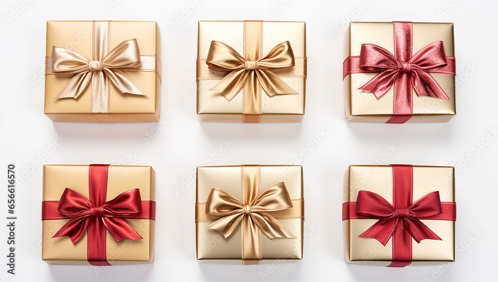 Gold wrapped presents with gold and red bows