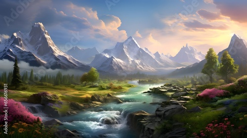 Panoramic view of beautiful mountain landscape with river and forest at sunset
